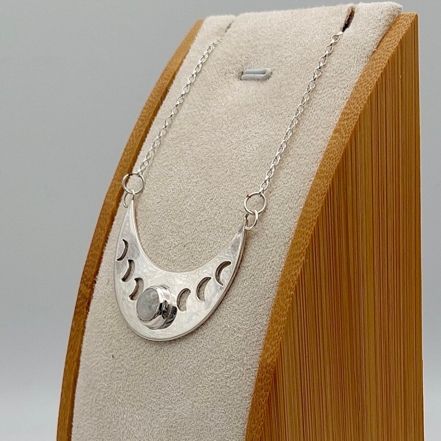 Moon phases and Moonstone - Silver Cresent Moon Necklace